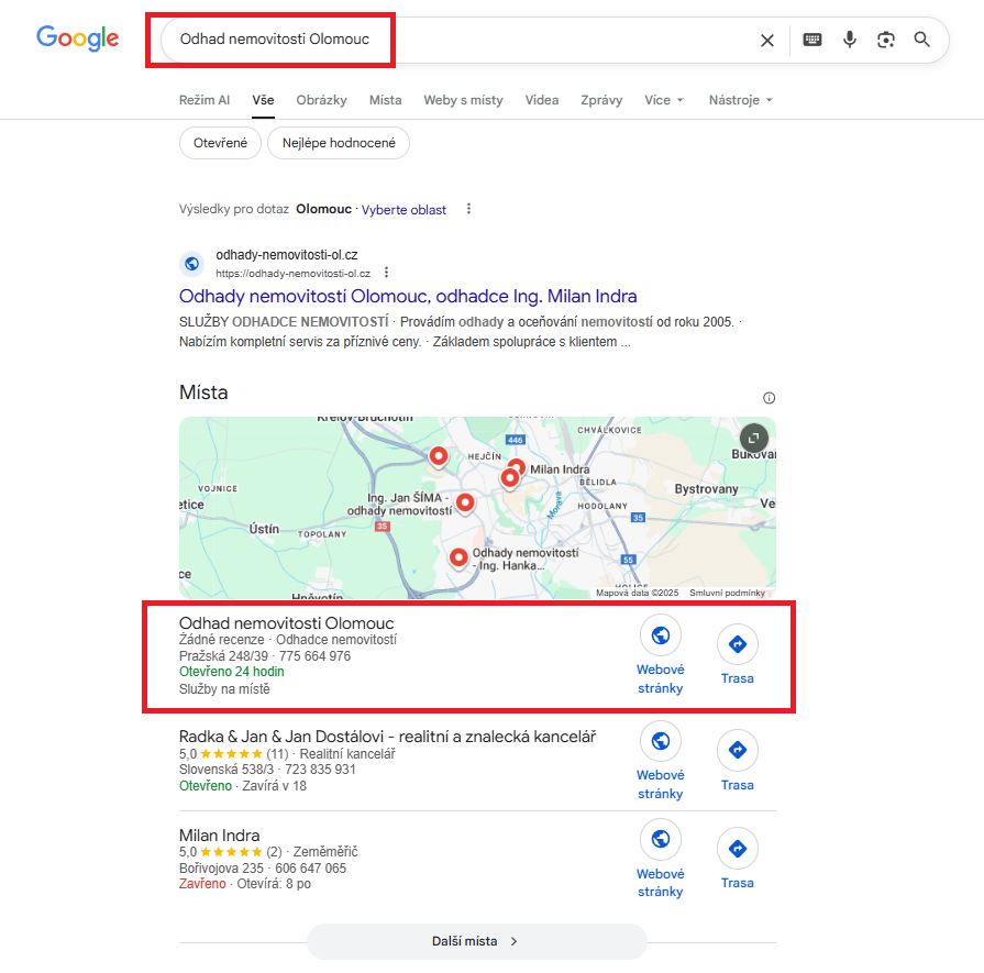 Odhad nemovitosti Olomouc Google zapis